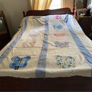 Blue and Cream Patchwork Bear Quilt Top Vintage